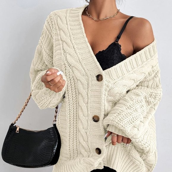 Casual Button Front Cable Knit Cardigan Beige - Picture 4 of 5